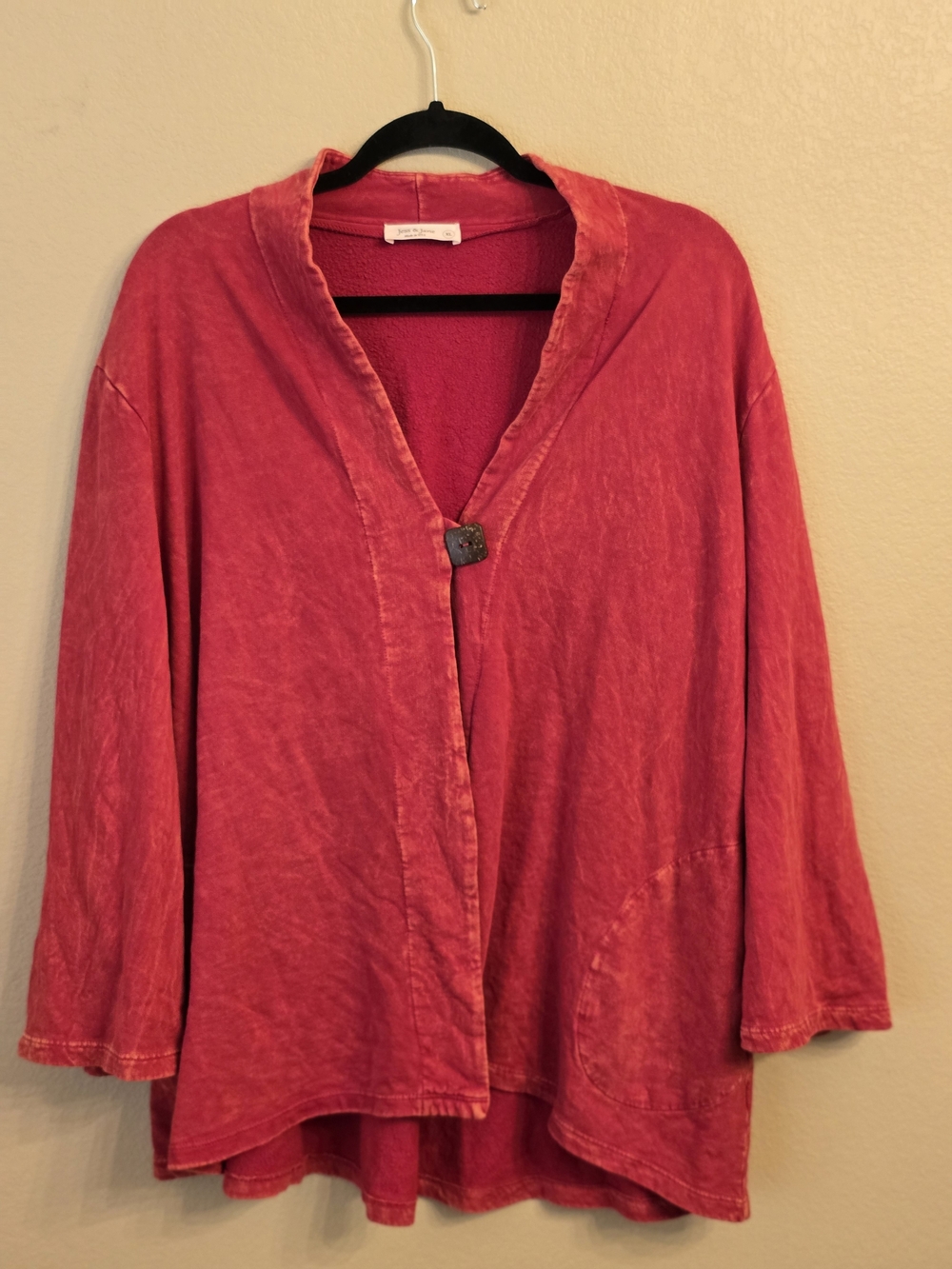 Jess & Jane Red Washed Open Cardigan with Button Size XL Lagenlook Boho USA Made